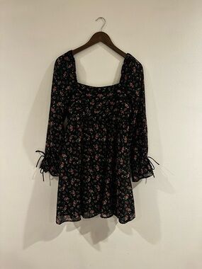 Japna Black Mini Dress Square Neck with Floral Print